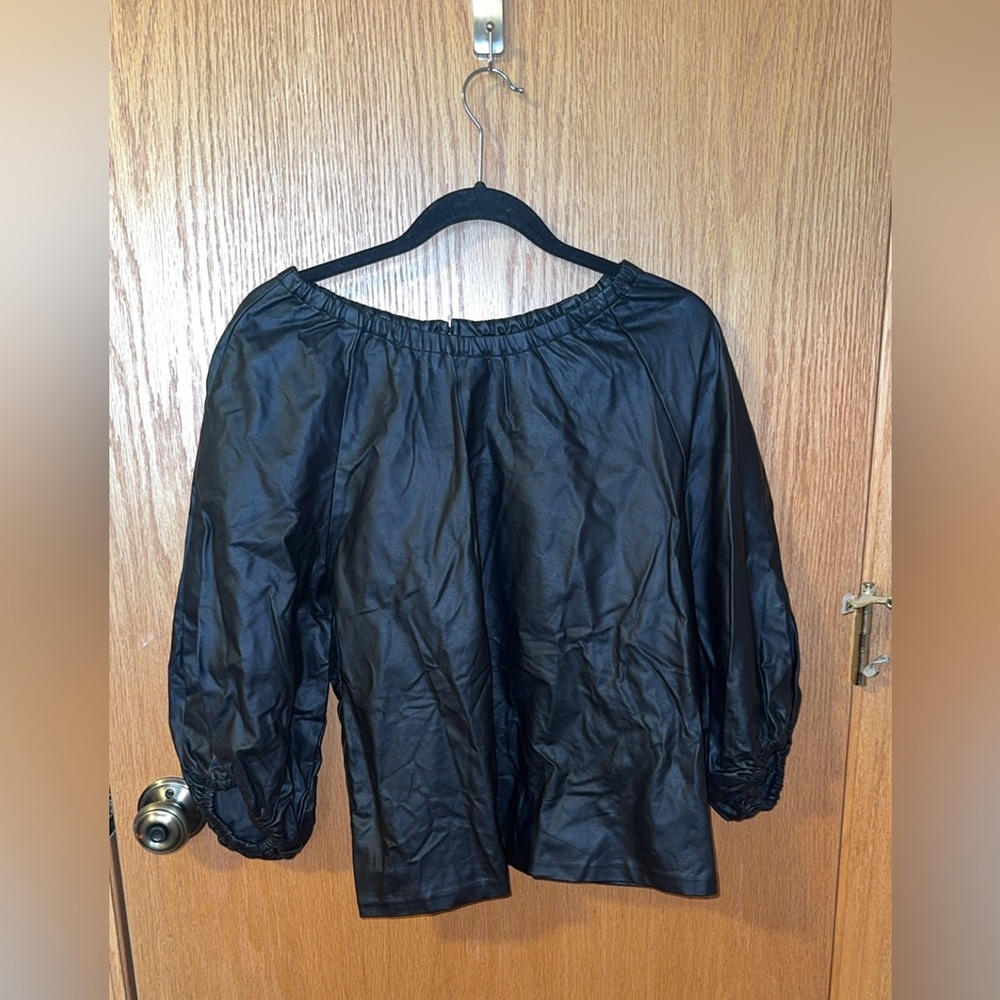 Banana Republic Black Faux Leather Balloon Sleeve Blouse